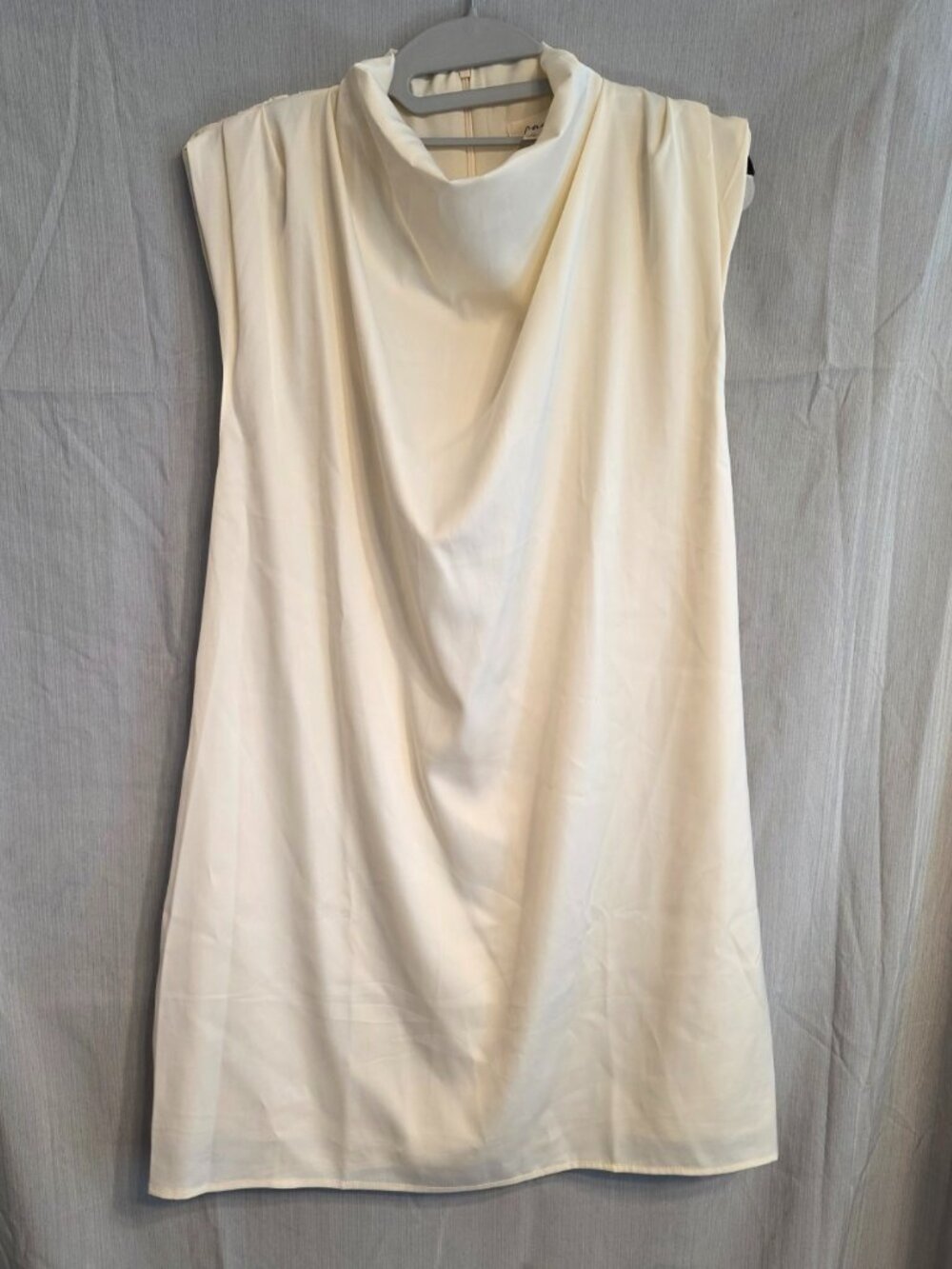 Lena Shift Dress Mock Neck Off White Creamy Satiny XL A Line Draped Quiet Luxury